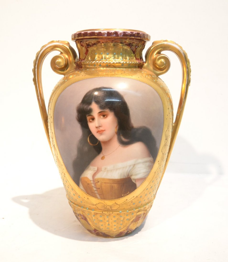 19thC HAND PAINTED ROYAL VIENNA PORTRAIT VASE: OF WOMAN SIGNED FEROL WITH MAROON GROUND & GOLD DECORATION - - 8" x 10" (NO BASE)