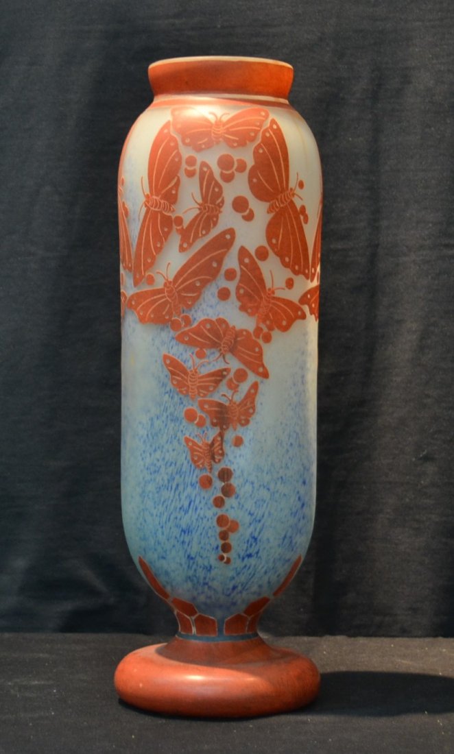 CONTEMPORARY OVERLAY CAMEO GLASS VASE: WITH BUTTERFLIES SIGNED CHARDER - 6" x 19"