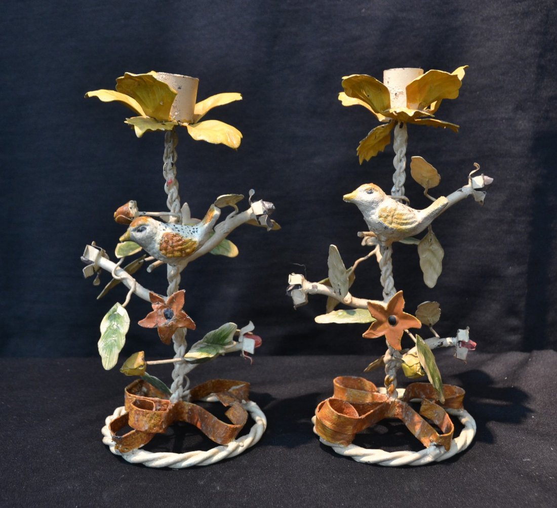 (Pr) PAINTED TOLE CANDLESTICKS WITH BIRDS: 4" x 9 1/2"