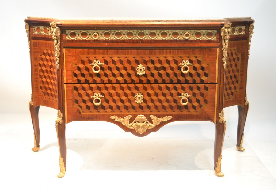 FRENCH PARQUETRY INLAID MARBLE TOP COMMODE: WITH CURVED SIDES & FINE BRONZE MOUNTS - 57" x 19 1/2" x 35"