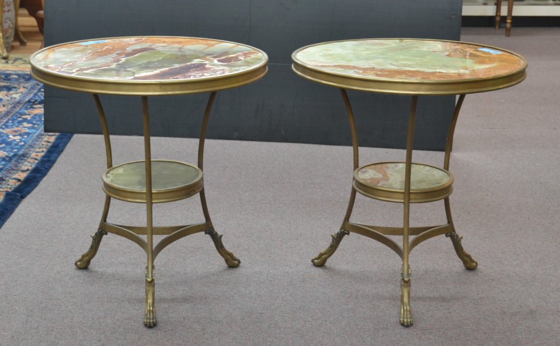 (Pr) BRONZE & SOLID ONYX GUERIDON TABLES: WITH SHELF & CLAW FEET - 25" x 27"