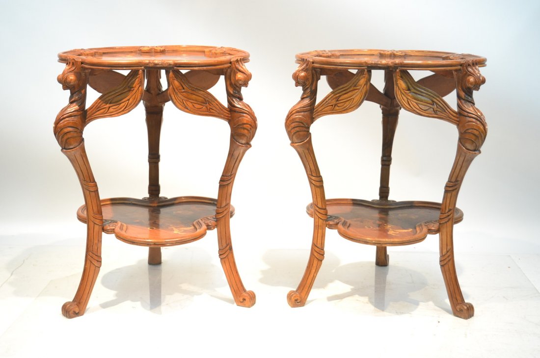 (Pr) INLAID FLORAL TOP TABLES WITH BIRD FORM: LEGS WITH SPREAD WINGS - 24" x 30"
