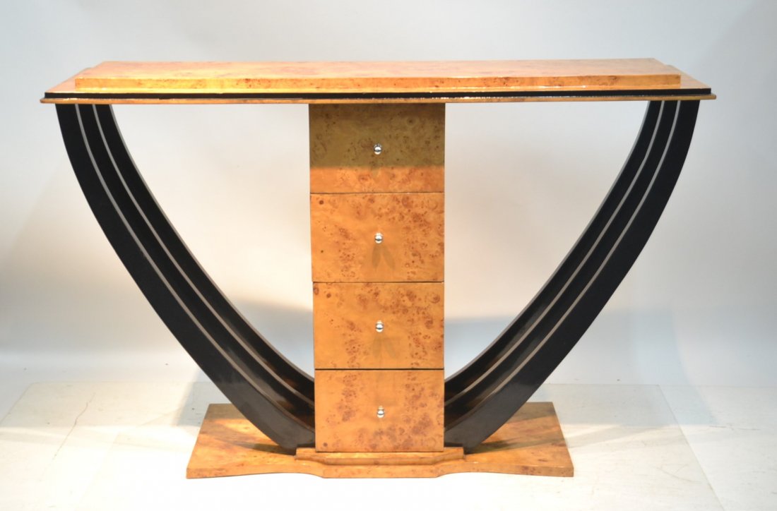 MODERN LAMNATED BIEDERMEIER STYLE BURLED: CONSOLE WITH DRAWERS - 63 1/2" x 18 1/2" x 41 1/2"