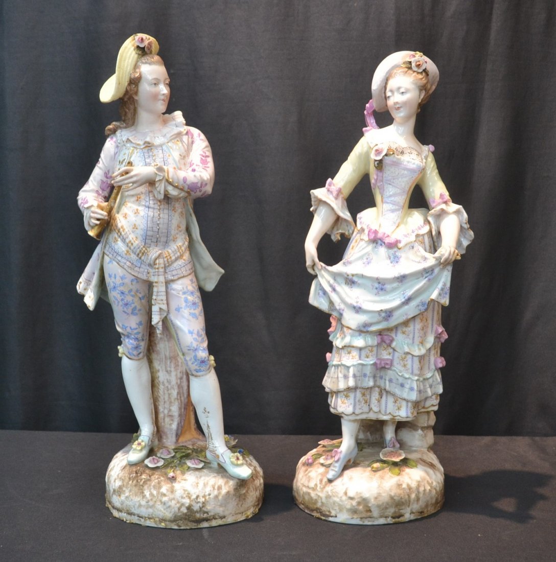 (Pr) LARGE EARLY MEISSEN GERMAN PORCELAIN STATUES: OF MAN & WOMAN PLAYING INSTRUMENTS ; MARKED WITH CROSSED SWORDS & INCISED MOLD 78 - 7" x 18 1/2" (SOME CHIPS & MISSING FINGERS)