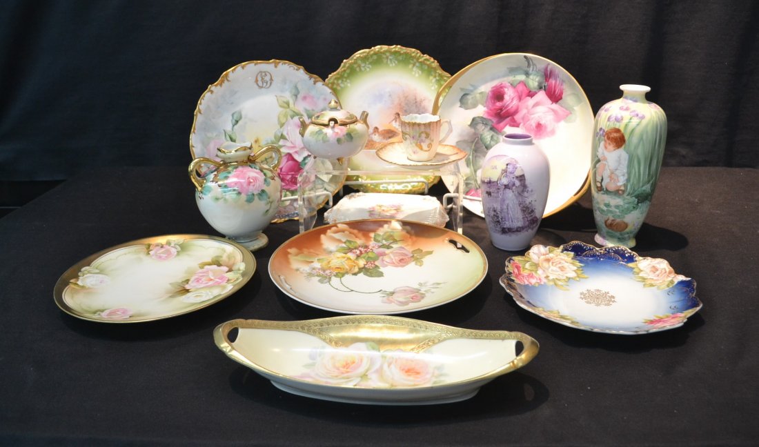 (13)pc ASSORTED HAND PAINTED PORCELAIN VASES &: PLATES INCLUDING GERMAN , LIMOGES & NIPPON - LARGEST IS 8 1/2" TALL