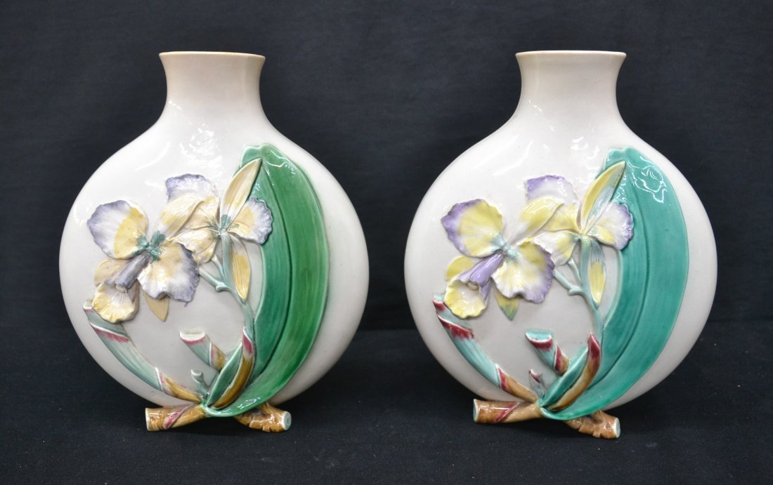 (Pr) ORIENTAL MOON FLASKS WITH RAISED IRIS &: BUTTERFLIES - 7 1/2" x 10"