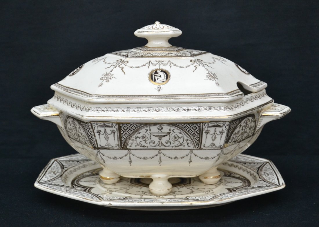 19thC MINTON "HOLLAND" TUREEN & UNDERPLATE: (SOME CHIPS) 14" x 8" x 9" , PLATE IS 13" x 10"