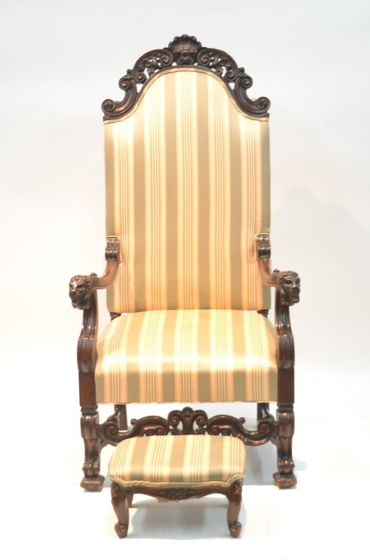 CARVED MAHOGANY UPHOLSTERED THRONE CHAIR (1 of 7)