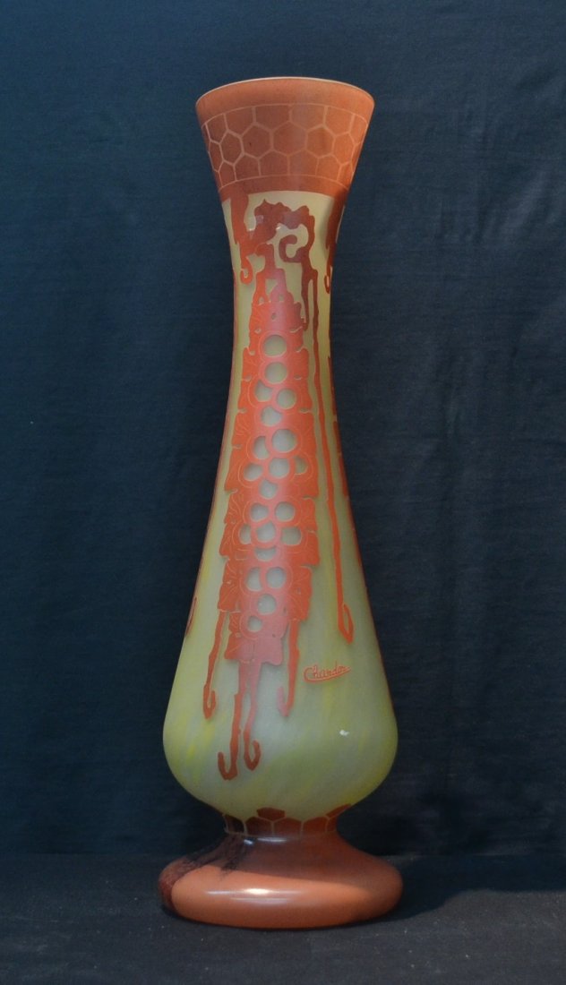 LARGE OVERLAY ART DECO DESIGN CAMEO GLASS VASE: BY CHARDER - 8" x 28"