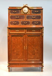 19thC LXVI STYLE SATINWOOD & MARQUETRY CABINET: WITH LEATHER FRONT DRAWERS & FRENCH BRONZE CLOCK WITH MAISON FOREST ; PARIS MOVEMENT SURROUNDED DORE BRONZE MOUNTS WITH BOW CARTOUCHE - 36" x 20" x 66"