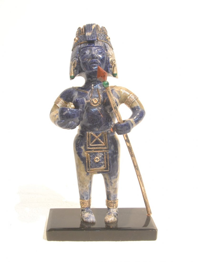 MEXICAN CARVED LAPIS & SILVER FIGURE HOLDING ARROW: WITH MALACHITE & CARNELIAN - 5" x 2 1/2" x 10"