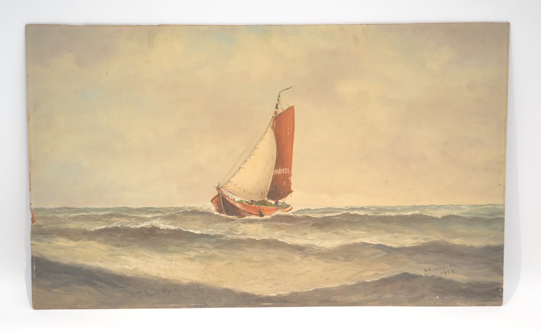 OIL ON BOARD SAIL BOAT AT SEA SIGNED H.A. JAARIMA: LOWER RIGHT 1959 ; TEAR OF SIDE - 39" x 24"