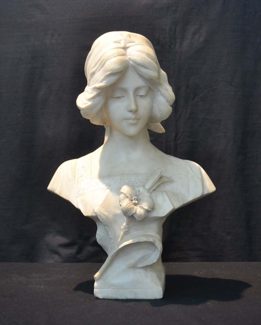 A.CIPRIANI MARBLE BUST OF GIRL WEARING SCARF: WITH FLOWER ON CHEST - 16" x 9" x 24"