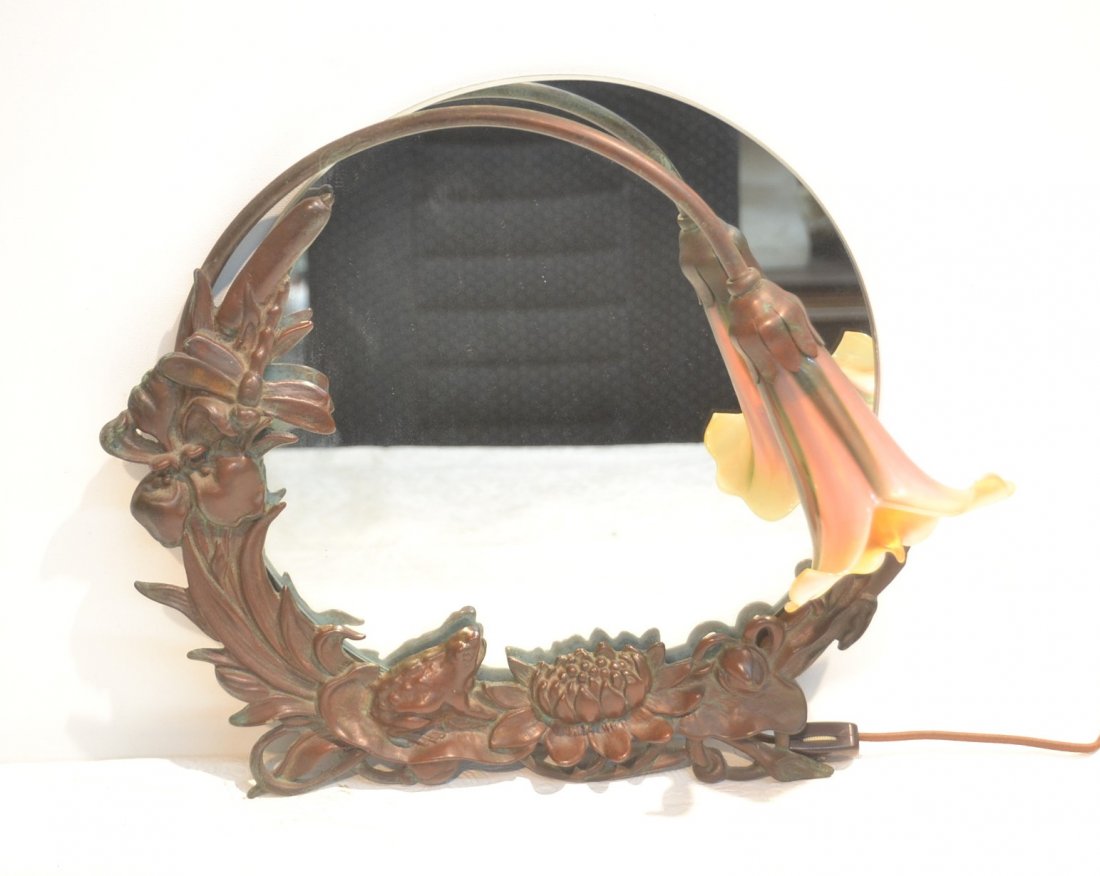 NOUVEAU STYLE BRONZE EASEL MIRROR WITH ART GLASS: SHADE & RAISED RELEIF WATERLILY , FROG , DRAGONFLY - 13" x 13"