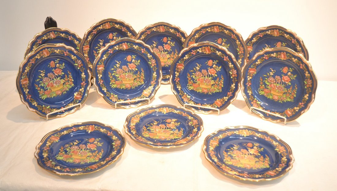 (12) ENGLISH SPODE PORCELAIN SERVICE PLATES: MADE FOR TIFFANY & Co. WITH GOLD FLOWER BASKETS OVER BLUE GROUND - 11" D