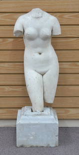 MARBLE SCULPTURE OF FEMALE NUDE TORSO ON BASE: 9" x 24"