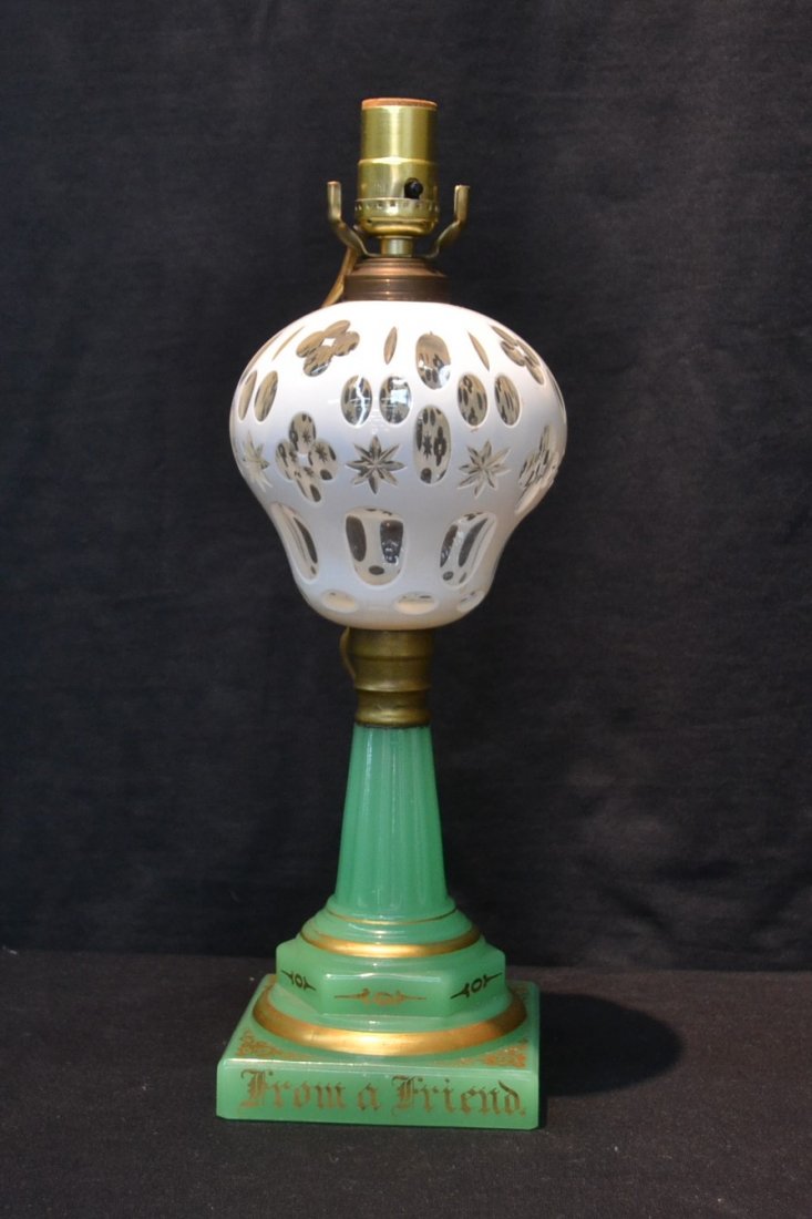 BOHEMIAN OVERLAY & OPALINE OIL LAMP: WITH FROM A FRIEND INSCRIPTION - 6" x 16"