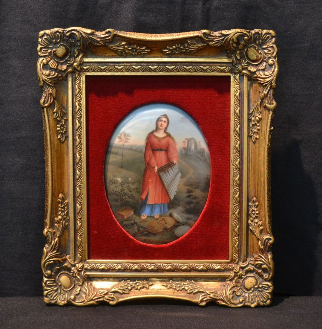 HAND PAINTED PORCELAIN PLAQUE DEPICTING GIRL: WITH INSTRUMENTS - 5" x 7" ; 7 1/2" x 12 1/2"