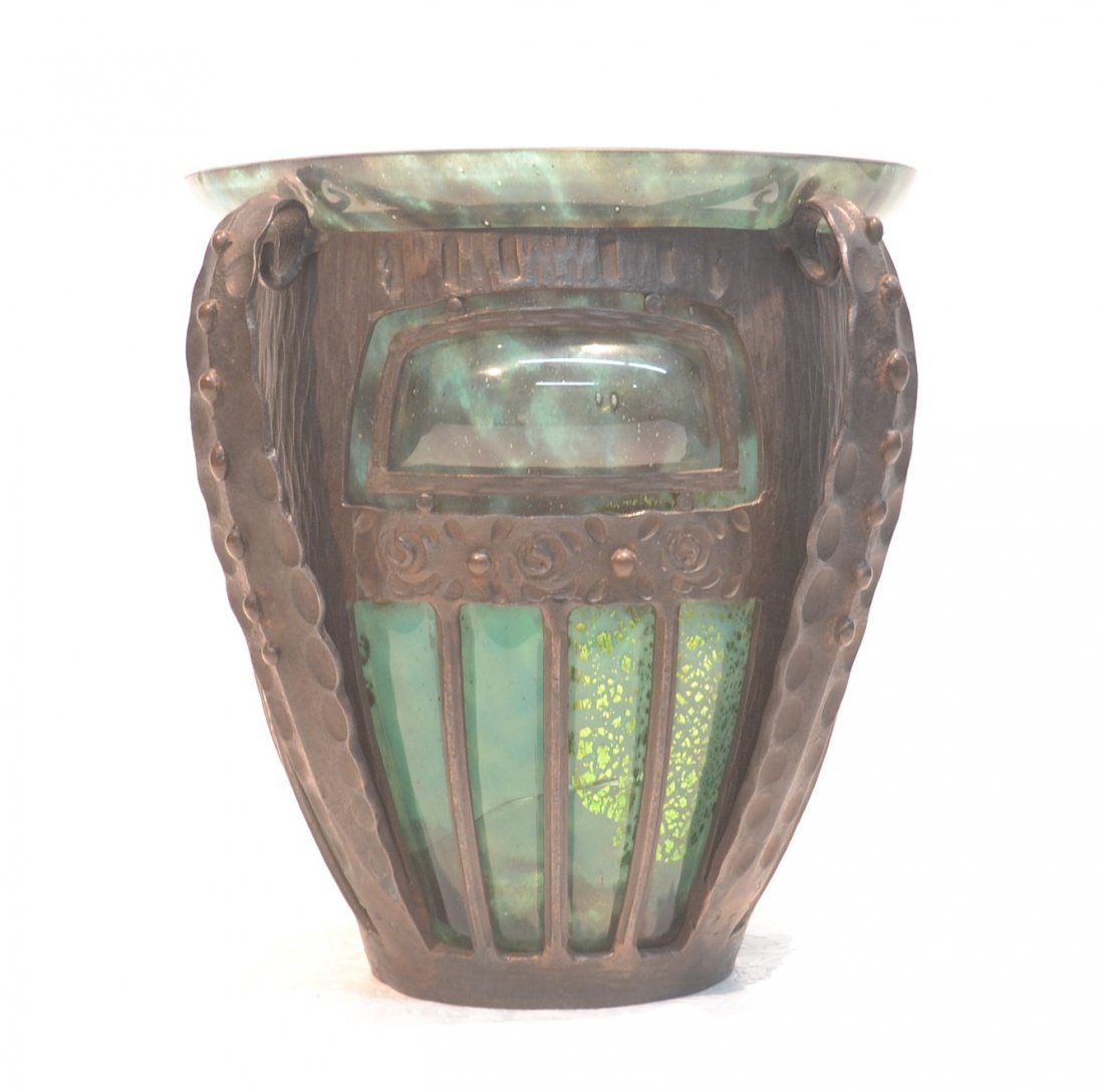 DAUM MAJORELLE ART DECO BLOWN OUT GLASS &: WROUGHT IRON PLANTER ; BY DAUM & LOUIS MAJORELLE- 10" x 10" (HAS CRACK)
