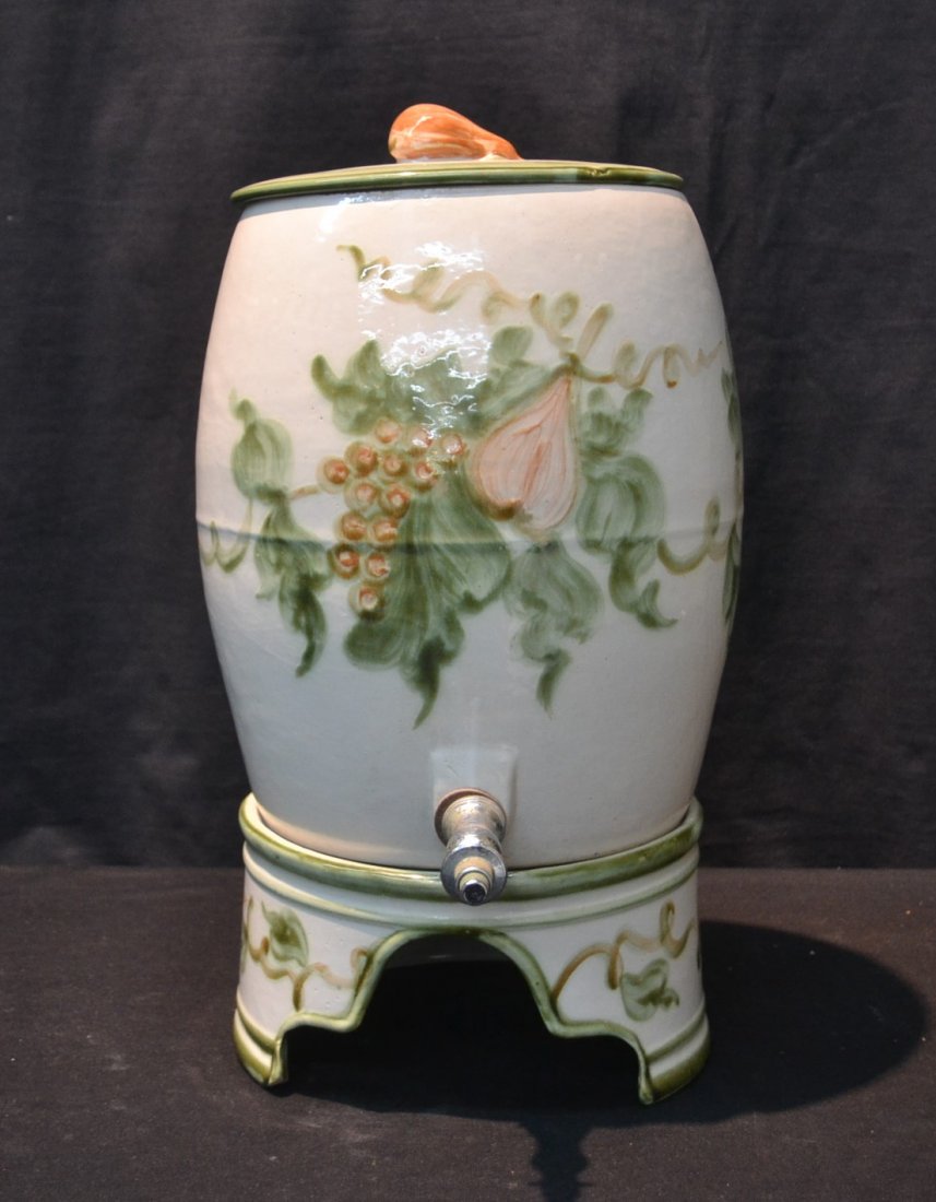 JOHN TAYLOR 3-PART CROCK SYRUP CONTAINER: WITH FRUIT & LEAVES ; SIGNED JOHN TAYLOR CERAMICS - 10" x 18" x 37"