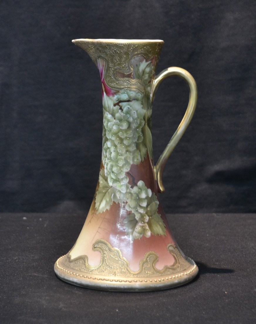 NIPPON PORCELAIN EWER WITH GRAPES &: GOLD DECORATIONS - 6" x 10"