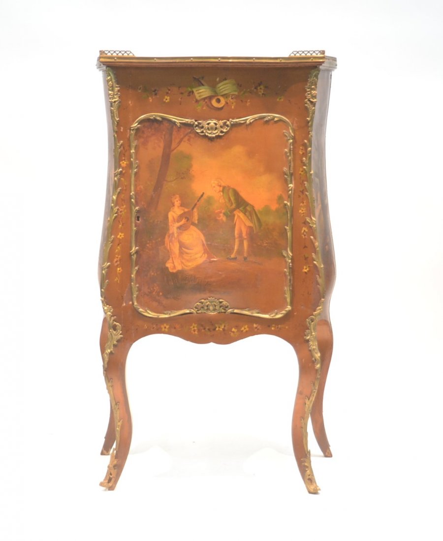 HAND PAINTED VERNIS MARTIN MUSIC CABINET: WITH BELLY FRONT COURTING SCENE , LANDSCAPE SIDES & MUSICAL MOTIFF WITH BRONZE MOUNTS - 27" x 16" x 44 1/2"