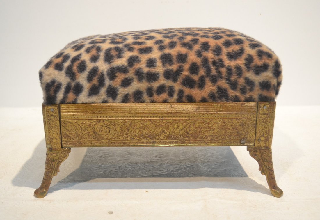 EMBOSSED BRONZE FOOTSTOOL WITH LEOPARD PRINT: 13" x 9" x 8"