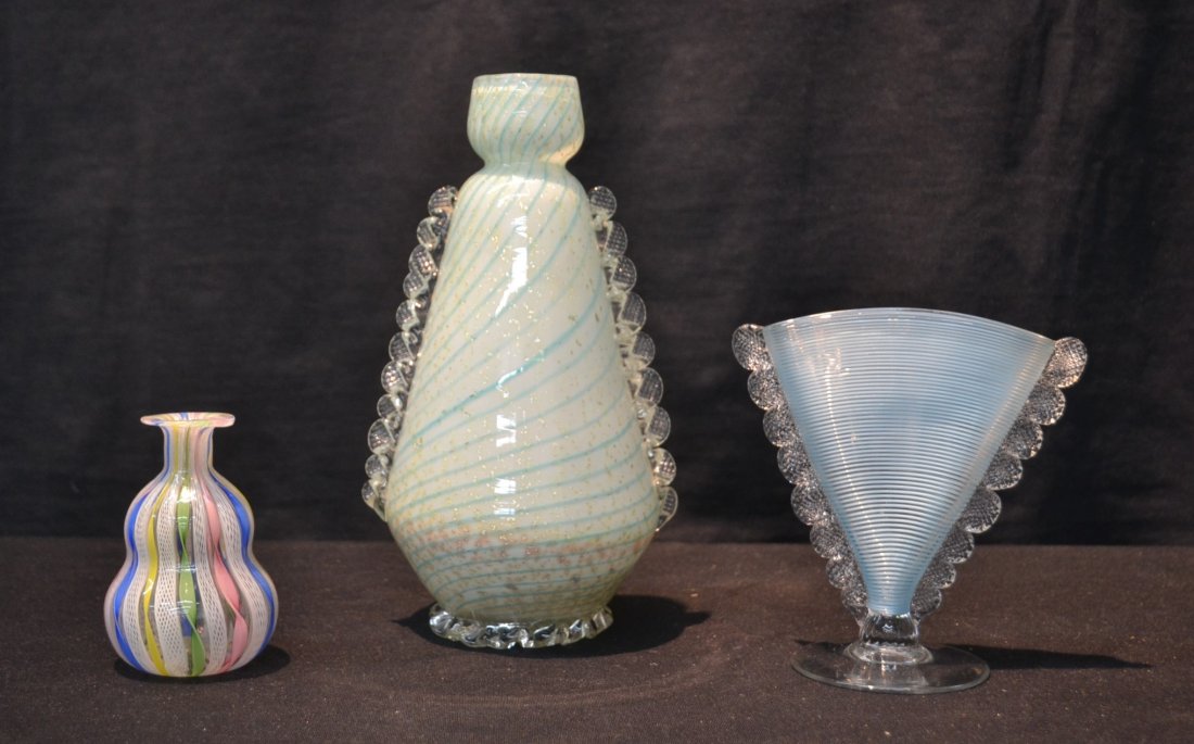 VENETIAN GLASS LOT - FAN SHAPE MURANO VASE ,: CANED GLASS VASE & GREEN STRIPED VENETIAN VASE - 5 1/2" x 10"