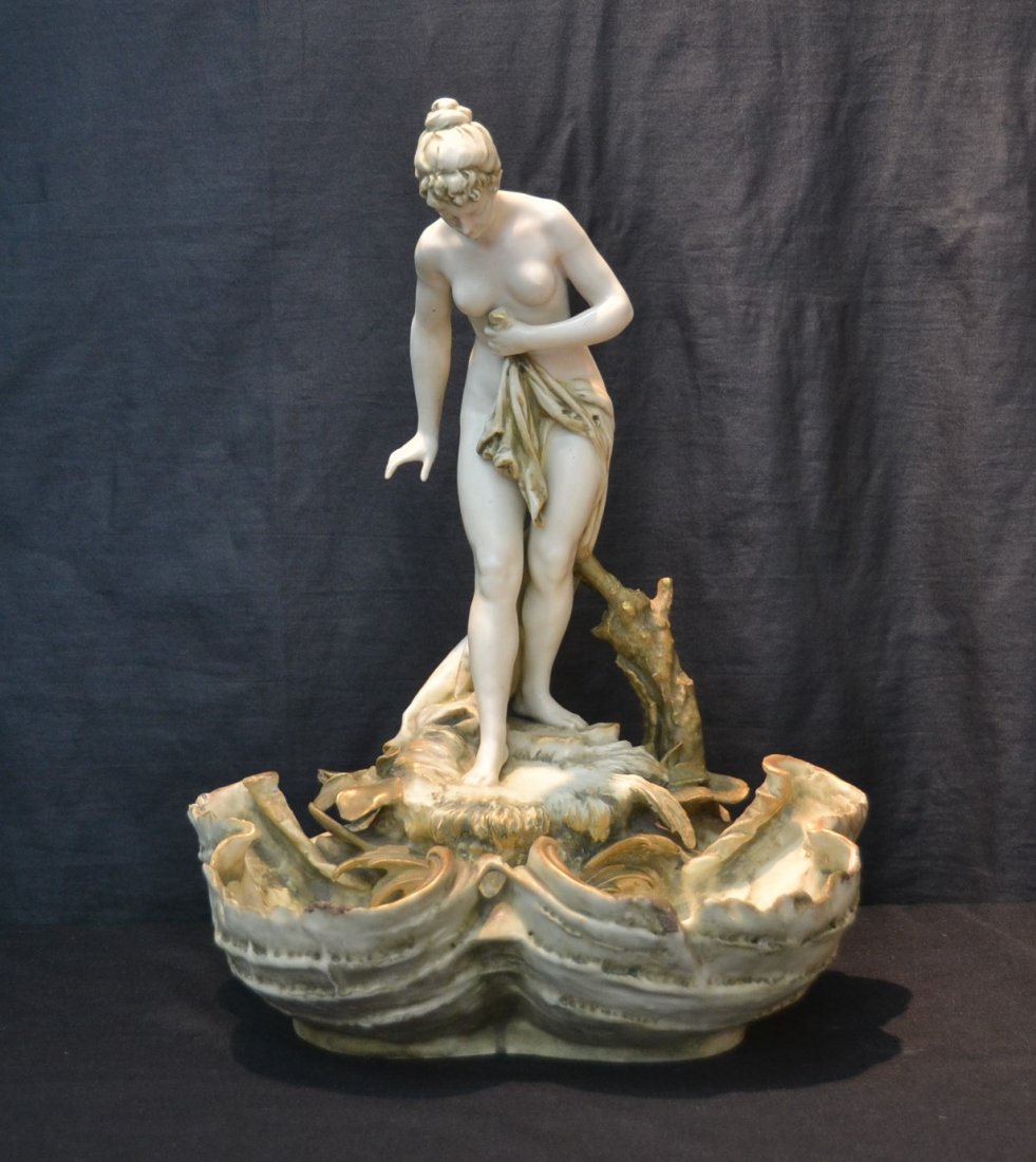 NOUVEAU TEMPLITZ AMPHORA NUDE ATOP DOUBLE SHELL: CENTERPIECE - 13 1/2" x 18": (MINOR CHIPS)