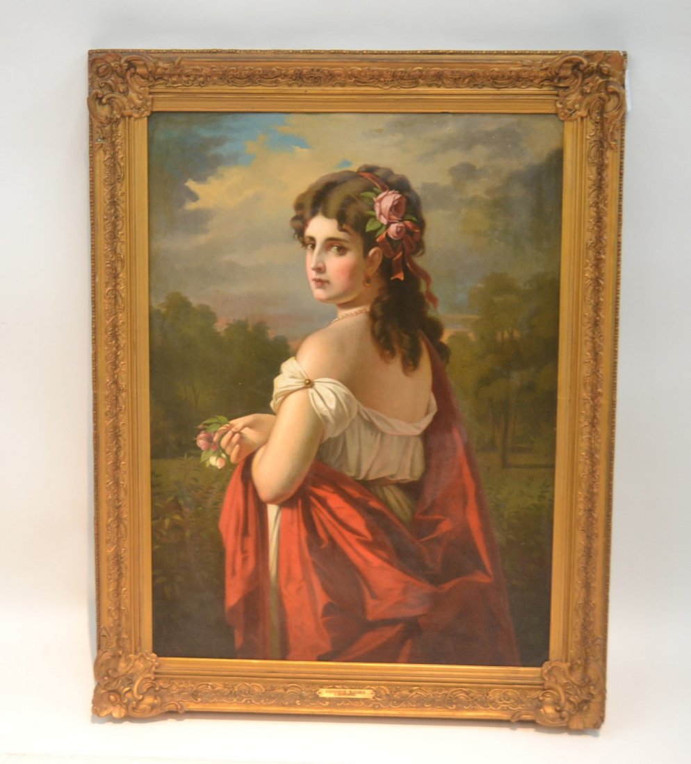 OIL ON CRADLED PANEL PORTRAIT OF VIENNESE MAIDEN: SIGNED J.KURTZWEL , WIEN ; LOWER LEFT SET ON GILT FRAME - 28 1/2" x 37 1/2" , 35" x 46"