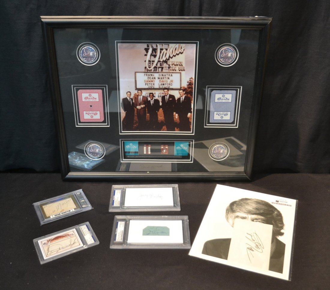 RAT PACK AUTOGRAPHS TO INCLUDE FRANK SINATRA: AUTOGRAPH WITH PSA COA , SAMMY DAVIS ,JR , PETER LAWFORD AUTOGRAPHED PHOTO , DEAN MARTIN, JOEY BISHOP & FRAMED COLLAGE OF RAST RACK WITH ITEMS FROM THE SANDS - 21" x 18"