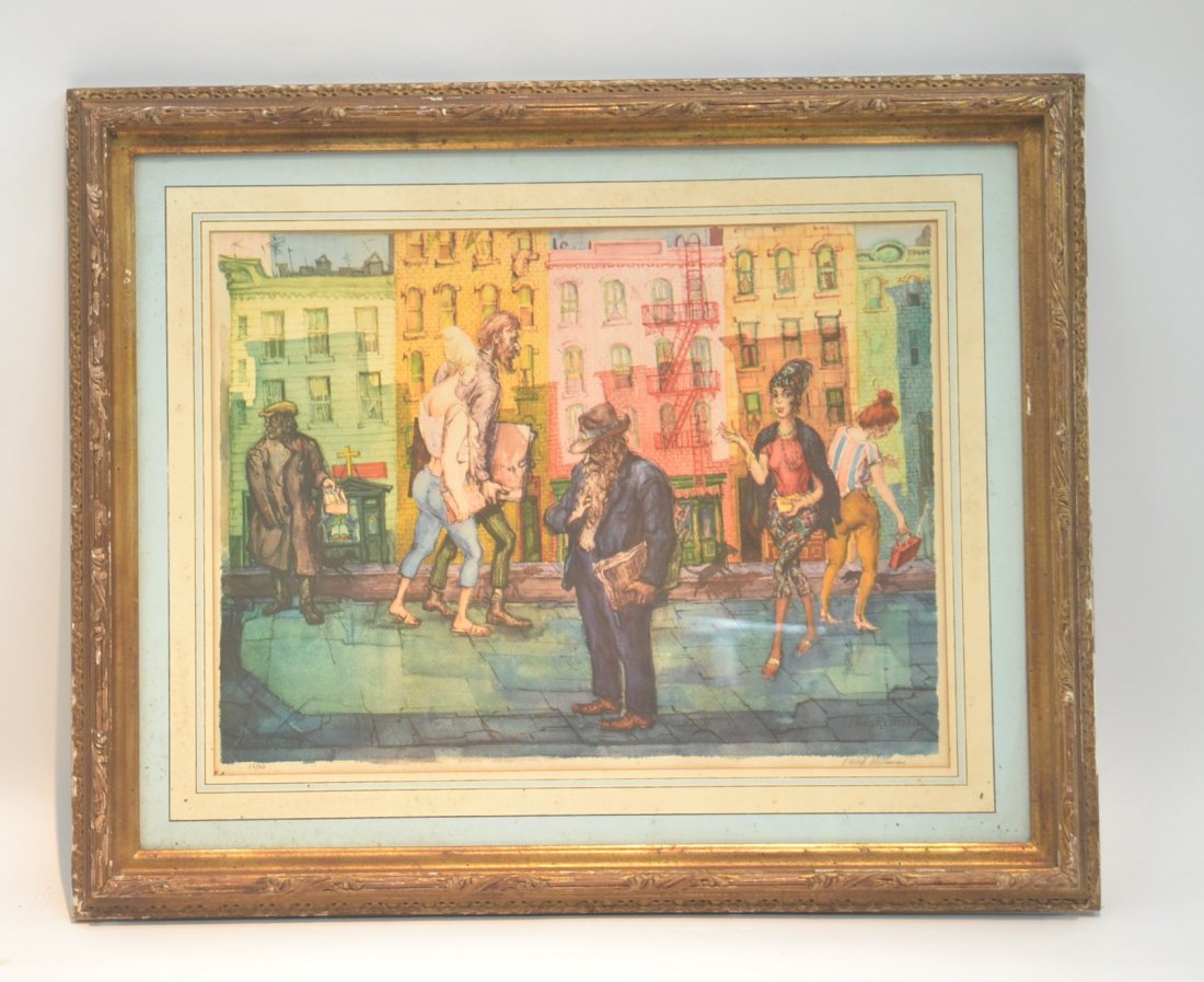 PHILIP REISMAN (POLISH/AMERICAN 1904-1992): FIGURES IN STREET SCENE LITHOGRAPH ; SIGNED & NUMBERED IN PENCIL - 33" x 27"