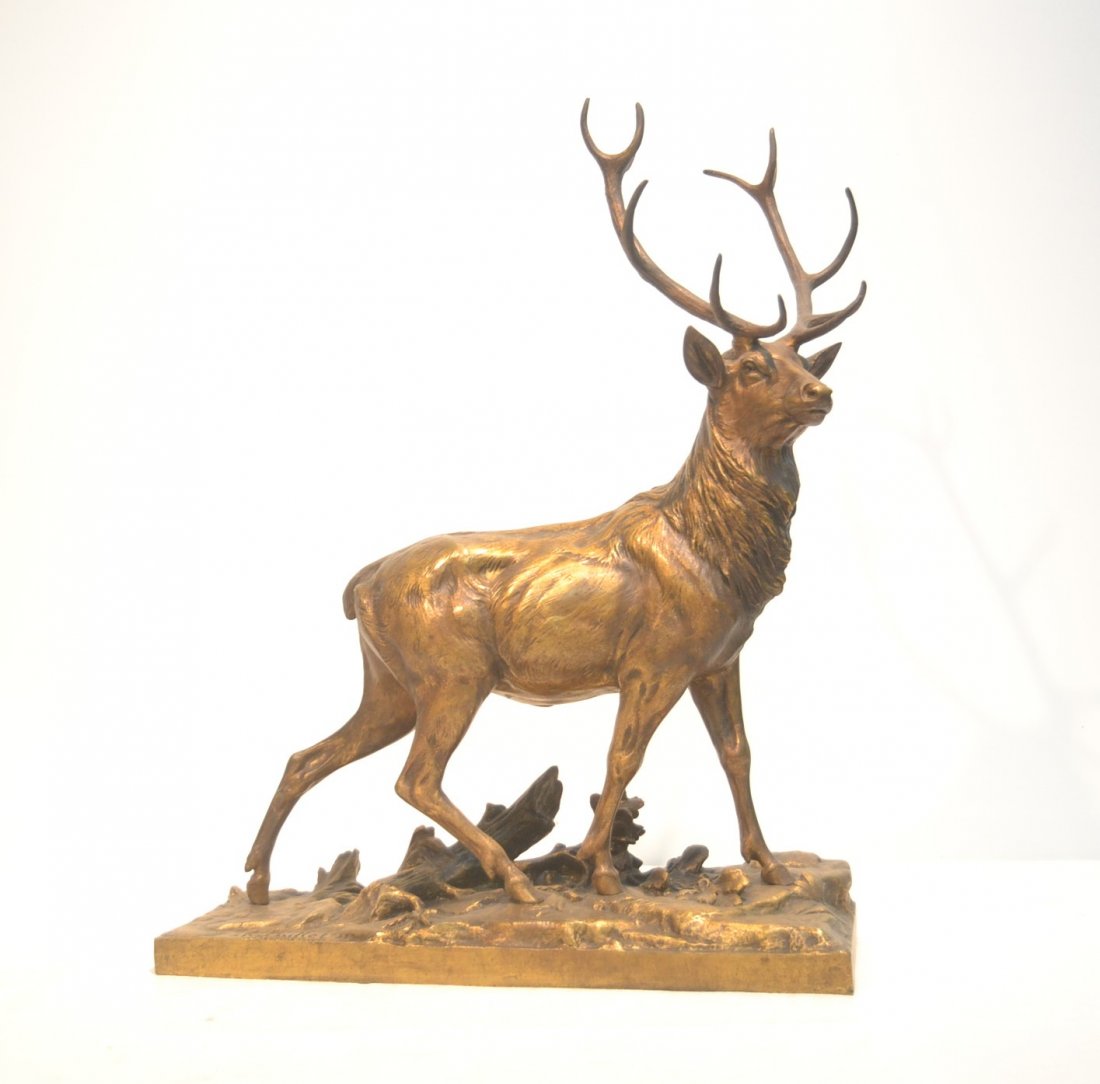 LARGE CHARLES PAILLET (FRENCH , 1871-1937) BRONZE: STAG SIGNED CH PAILLET (CHARLES PAILLET 1871-1937) WITH MEDAILLE d' OR FOUNDRY - 19" x 6 1/4" x 24"