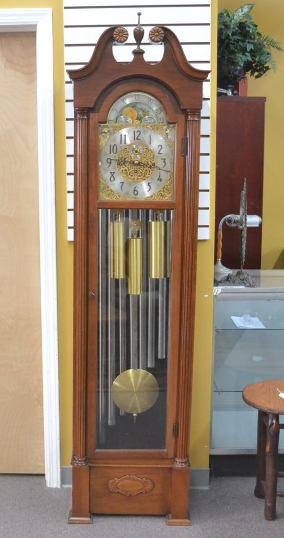 MAHOGANY 9 TUBE HERSCHEDE GRANDFATHER CLOCK: WITH ALL ORIGINAL PAPERWORK - 12" x 20 1/2" x 80"