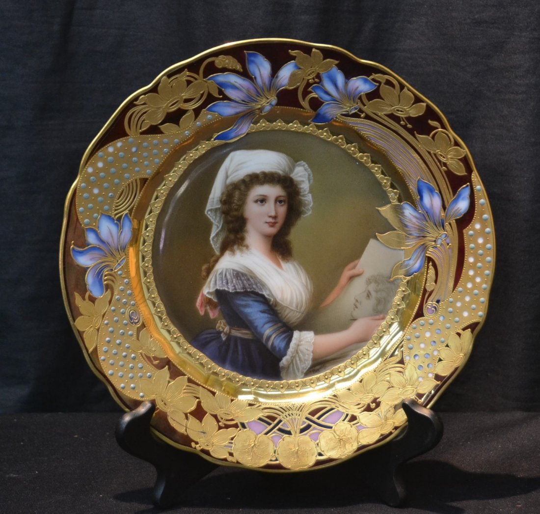 NOUVEAU STYLE ROYAL VIENNA PORTRAIT PLATE OF: MARIE AMELIE , GRANDE DUCHESSE de TOSCANA WITH HEAVY GOLD FLORAL DECORATIONS OVER BURGUNDY LUSTRE GROUND ; ARTIST SGNED WAGNER - 9 1/2" D
