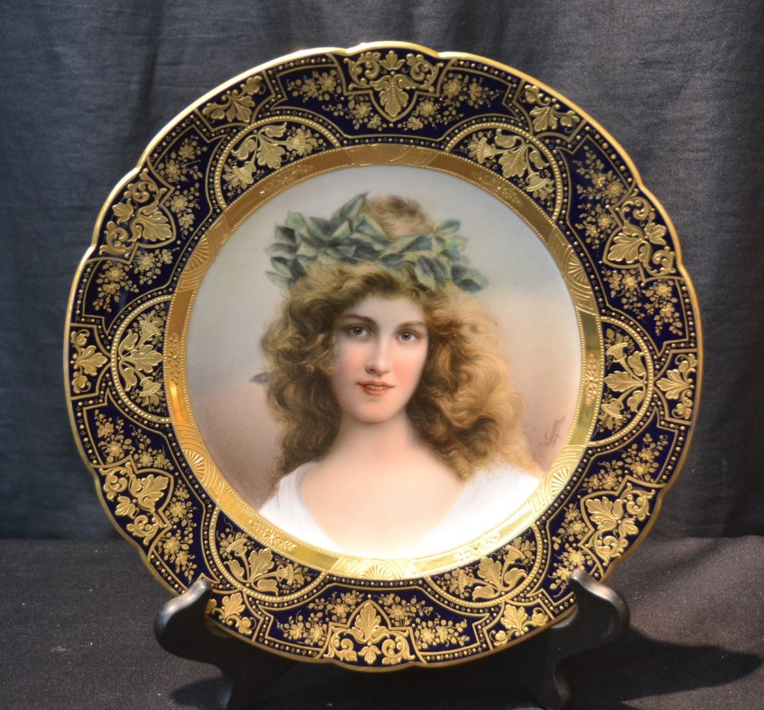 ROYAL VIENNA PORTRAIT PLATE OF BIST du MIRTREAU: WITH COBALT & HEAVY GOLD BORDER ; ARTIST SIGNED WAGNER ; SOLD AT BIDDLE, BAILEY & BANKS , PHILADELPHIA - 9 1/2" D
