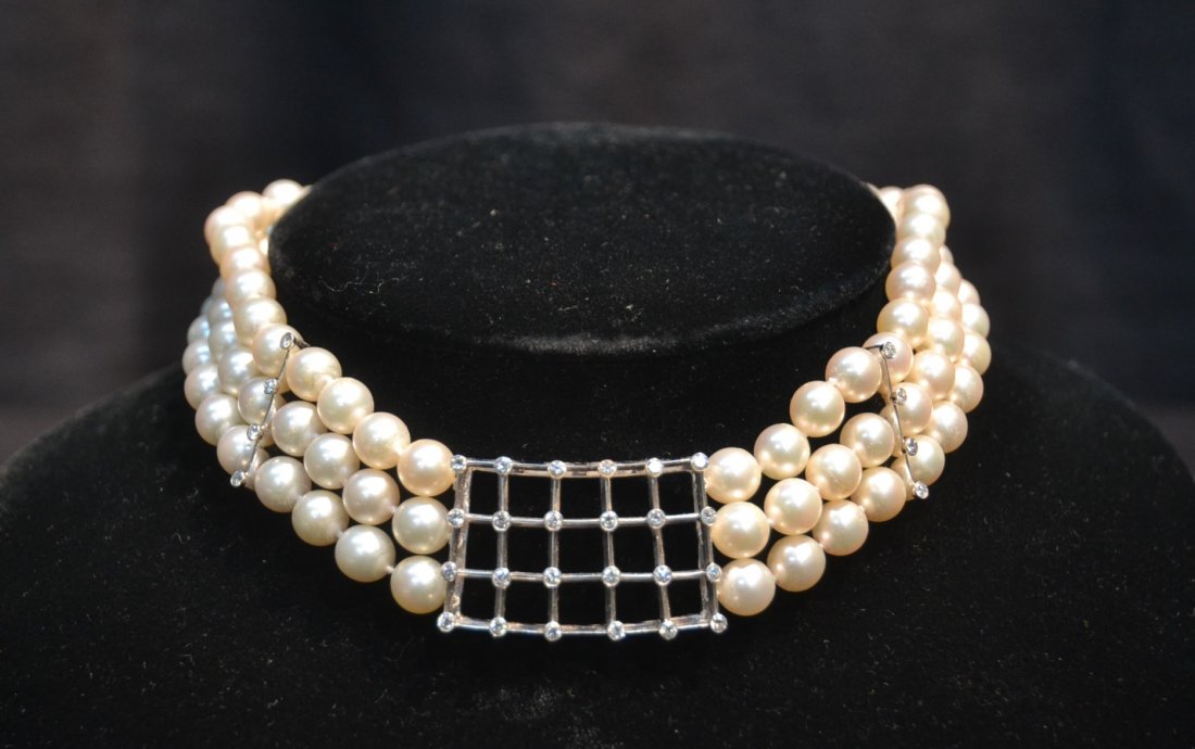 TRIPLE STRAND PEARL CHOKER NECKLACE WITH DIAMOND &: 14kt GOLD CLASP - 13 1/2" x 1"