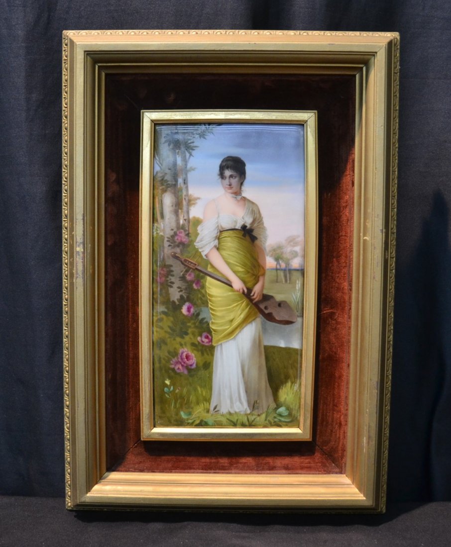 HAND PAINTED KPM PORCELAIN PLAQUE OF MAIDEN: IN LANDSCAPE ; TITLED DIE LAUTENSCHLAGERIN" ARTIST SIGNED F..A KAULBACH ; WITH INCISED KPM SCEPTOR WITH No. 391; SIGNED DRESSEL - 6 1/4' x 12 1/2" , 13 1/2" x 19 1/2"