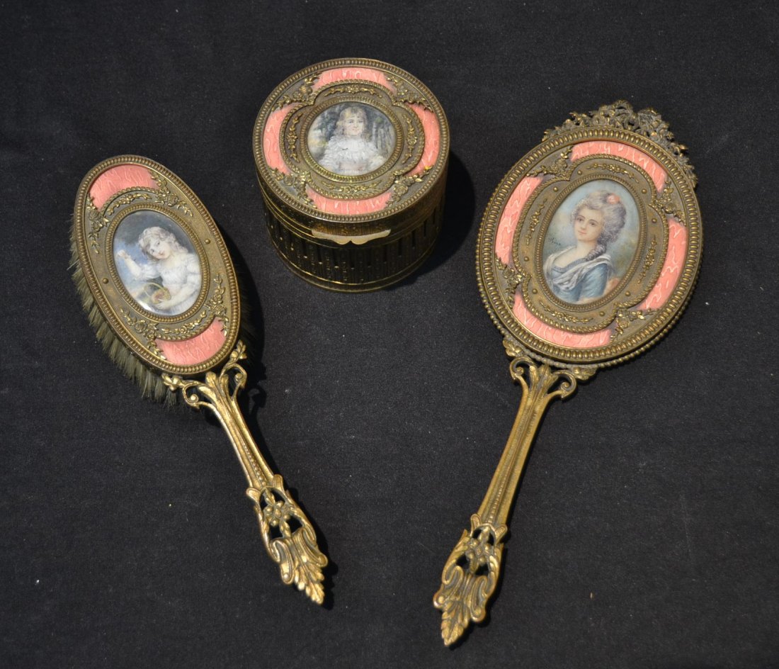 (3) BRONZE & GUILLOCHE ENAMEL DRESSER SET: WITH PORTRAIT MEDALLIONS CONSISTING OF ROUND BOX , BRUSH & MIRROR - 5" x 12"