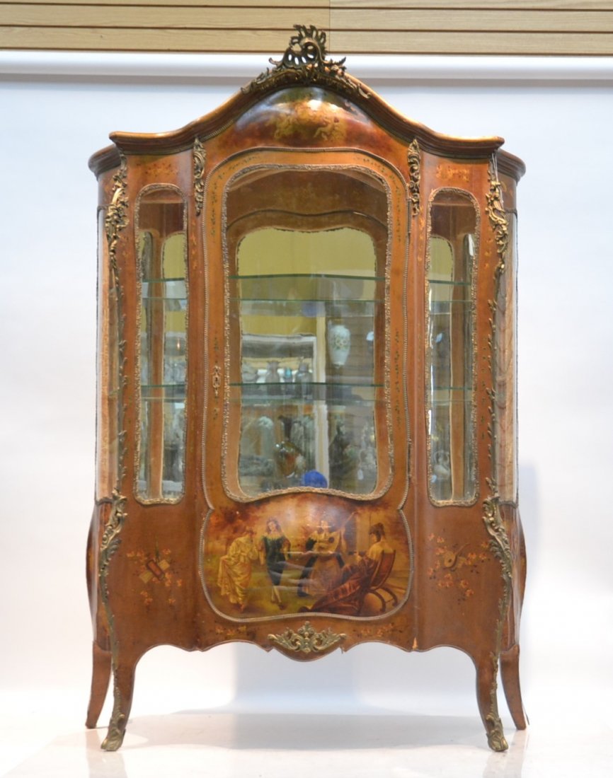 HAND PAINTED VERNIS MARTIN STYLE CHINA CABINET: WITH FIGURES DANCING AROUND MANDOLIN PLAYER SURROUNDED BY MUSICAL MOTIFF & LANDSCAPE SIDES WITH HEAVY BRONZE MOUNTS - 47" x 20" x 75" (SOME CRAZING & LIFTING)