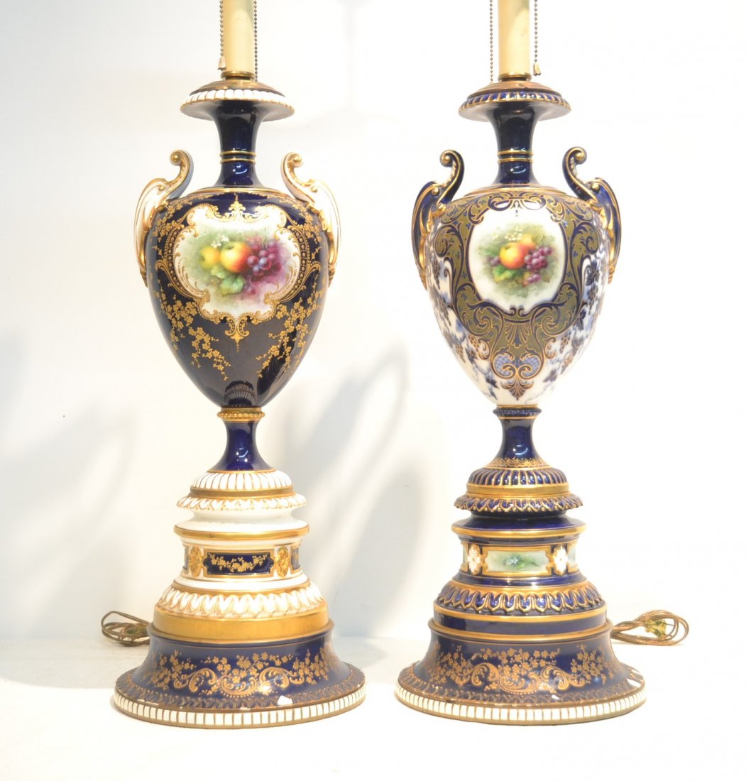 (Pr) HAND PAINTED ROYAL WORCESTER PORCELAIN URN FORM: LAMPS WITH FRUIT MEDALLIONS OVER COBALT & WHITE GROUND - (DECORATED DIFFERENTLY); ARTIST SIGNED - CHIVERS ; 9" x 24"