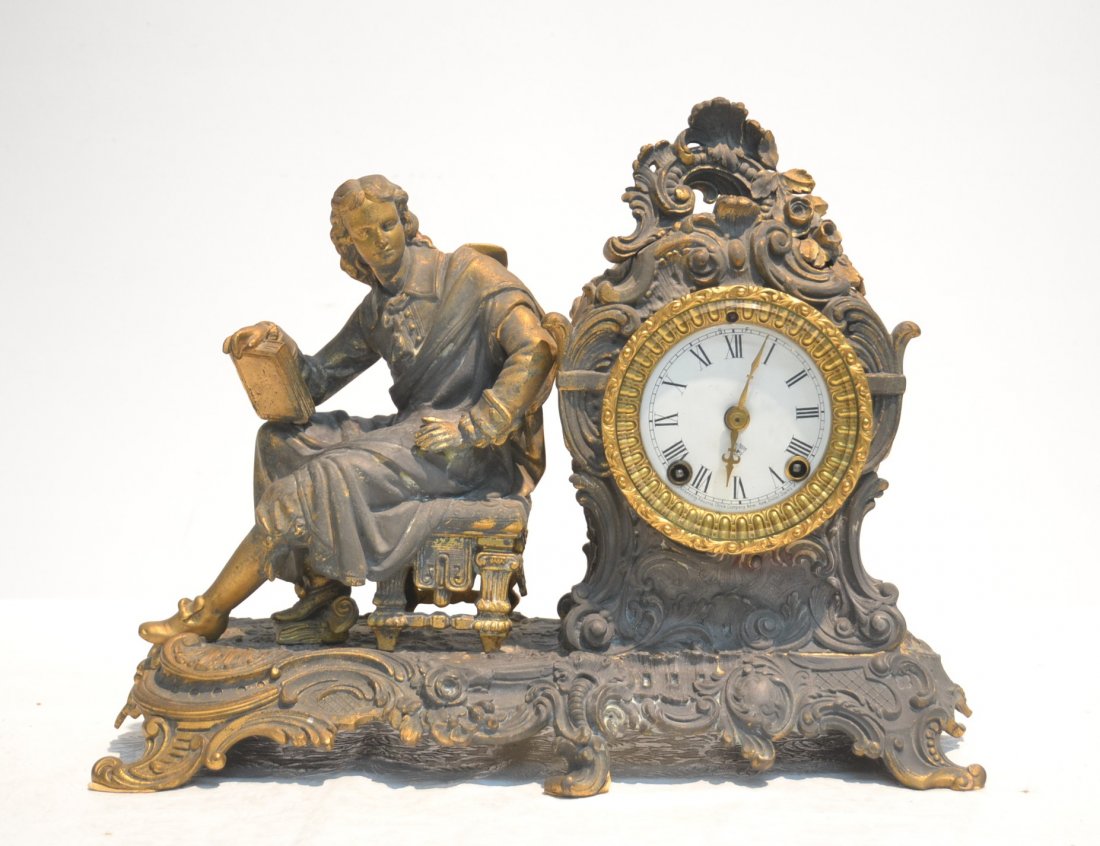 WHITE METAL ANSONIA CLOCK WITH MAN LEANING: ASIDE CLOCK - 14" x 6" x 11"