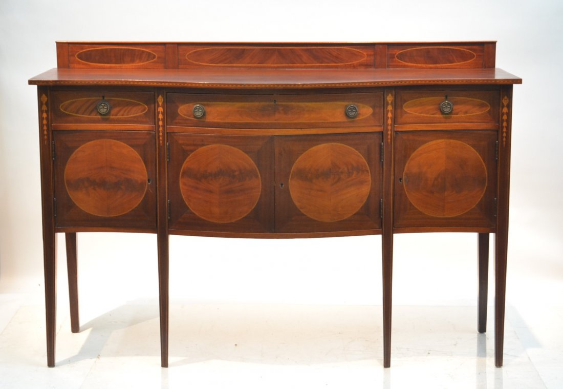 SERPENTINE MAHOGANY SIDEBAORD WITH INLAID: BELL FLOWERS & BACKSPLASH