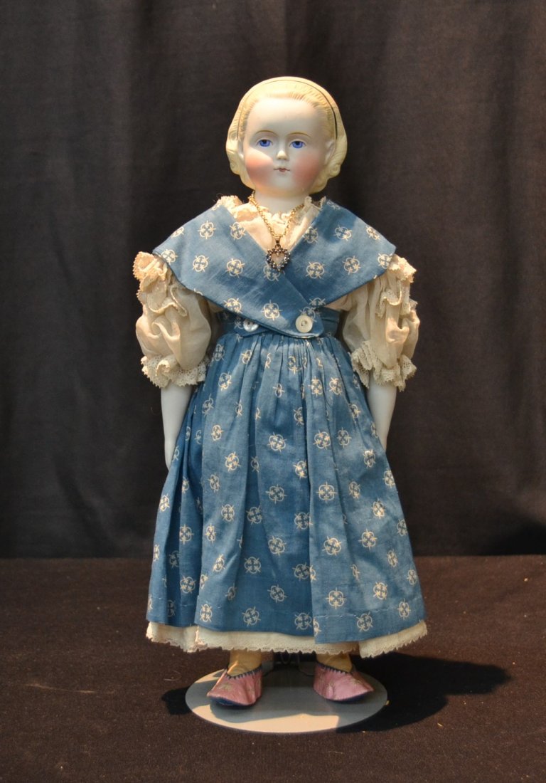 PARIAN SHOULDER HEAD DOLL WITH CLOTH BODY ,: INTAGLIO EYES & BISQUE ARMS - 14" TALL