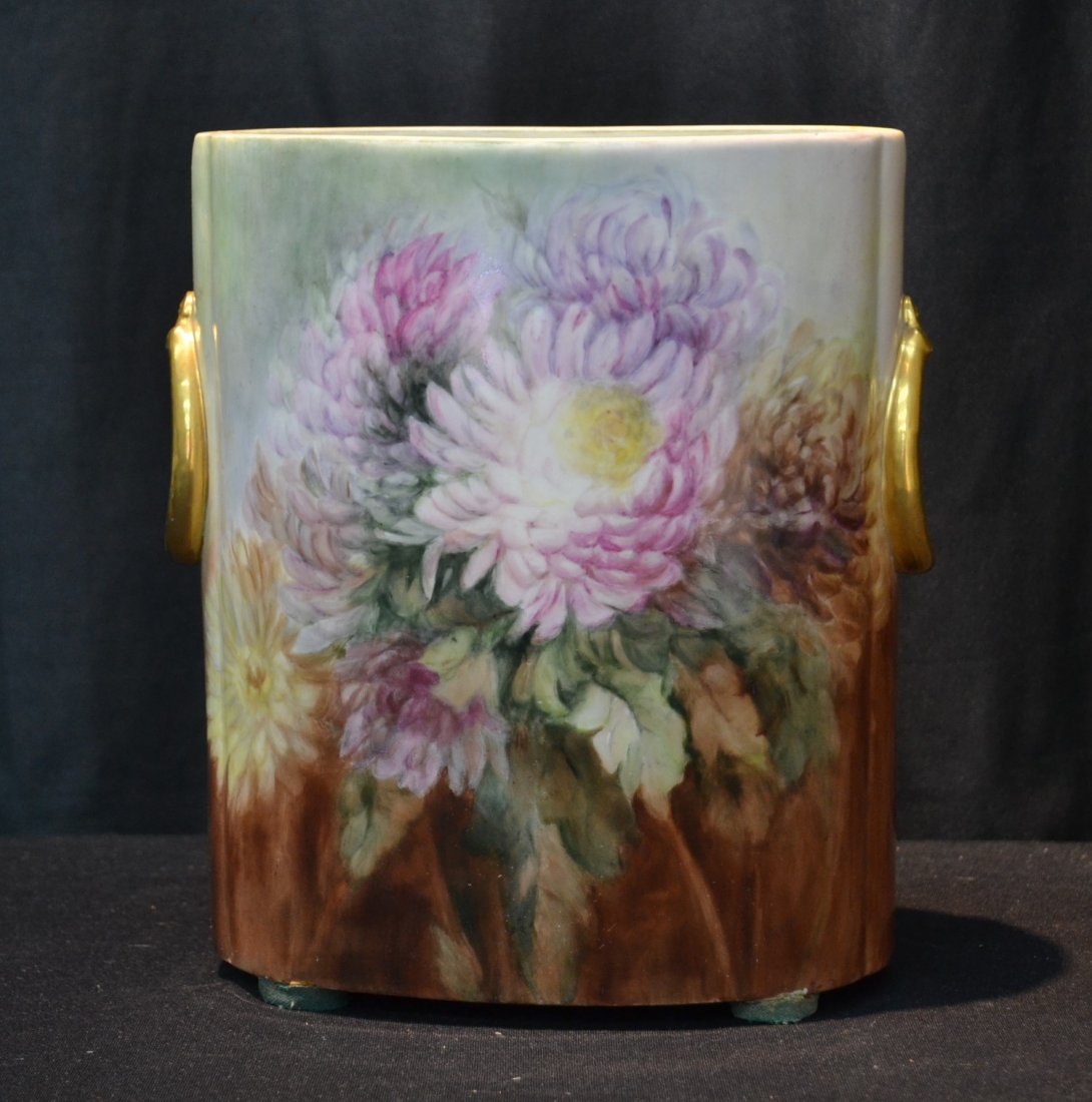 HAND PAINTED LIMOGES VASE WITH FLOWERS &: APPLIED GOLD HANDLES ; ARTIST SIGNED MAY PEPPER 1907 (REPLACED FEET) 8 1/2" x 4 1/2" x 10"