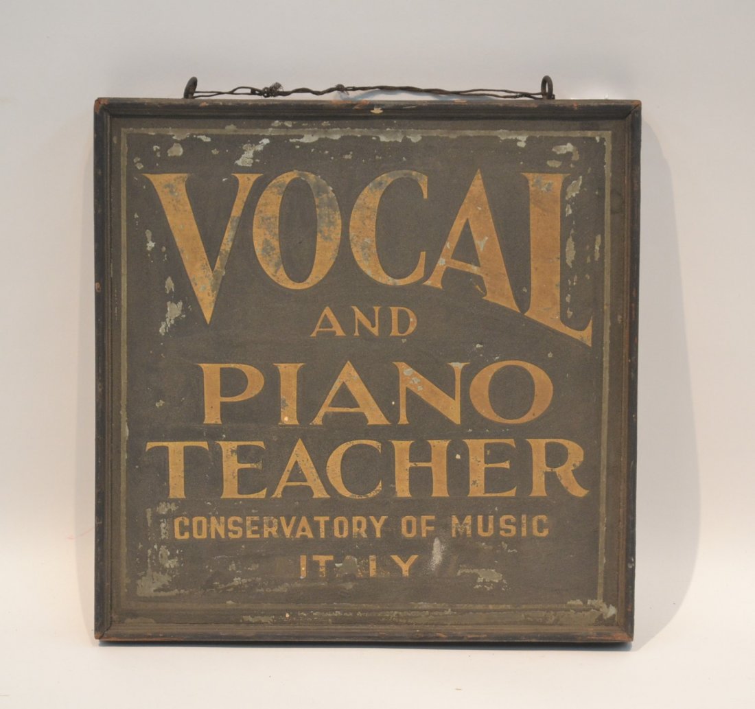 VINTAGE DOUBLE SIDED VOCAL & PIANO TEACHER: ADVERTISING SIGN ; CONSERVATORY OF MUSIC - ITALY - 18" x 18"