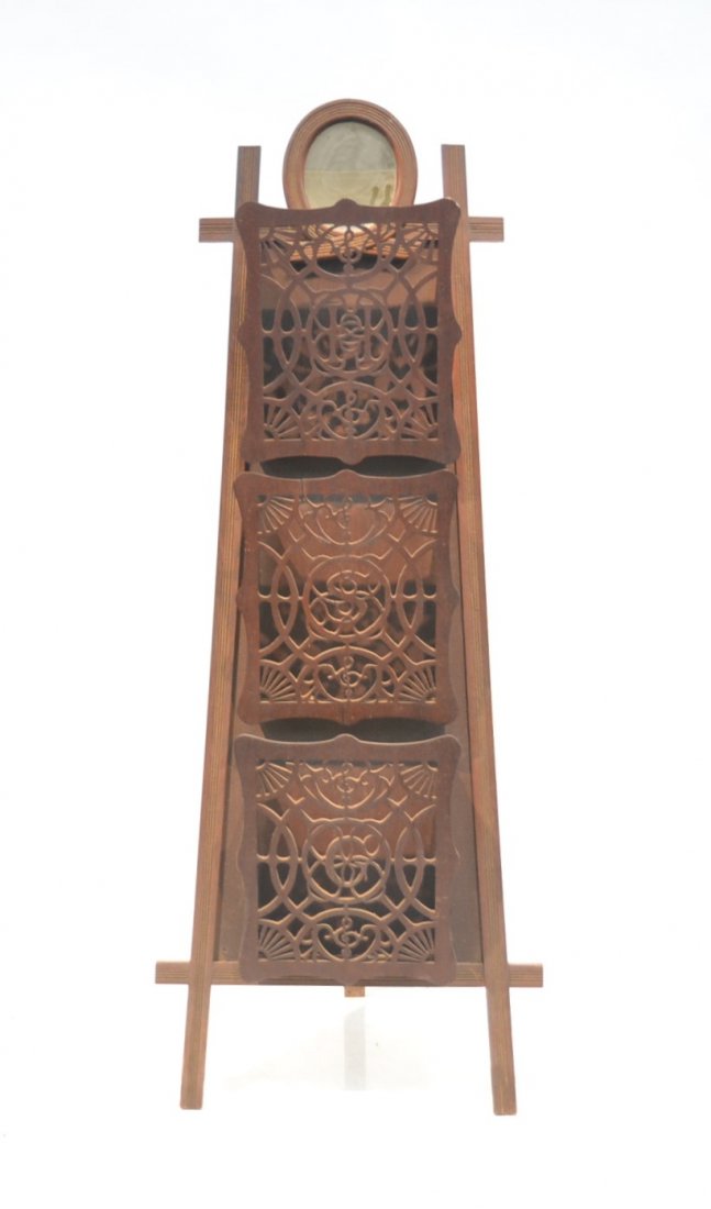 VICTORIAN EASEL SHEET MUSIC HOLDER WITH: PIERCED CARVINGS & MIRROR - 17" x 66" (SOME CRACKS)