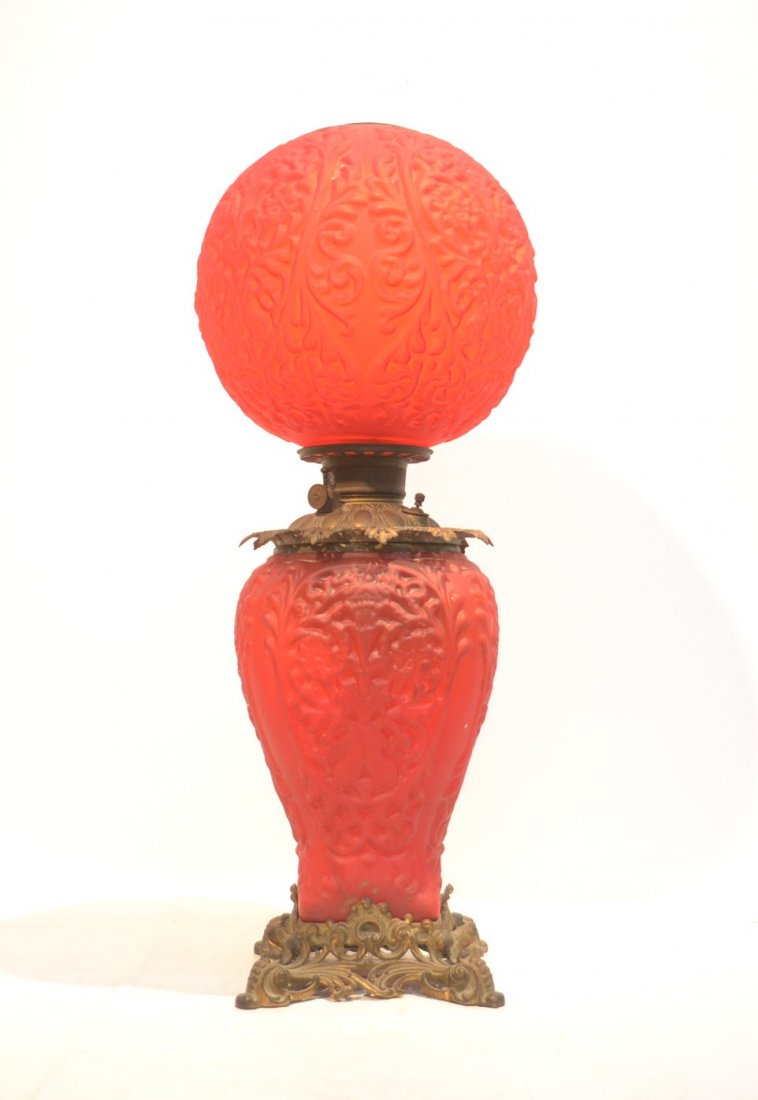 VICTORIAN RED SATIN GLASS GONE WITH THE WIND: OIL LAMP - 27" TALL ; SHADE IS 11" D
