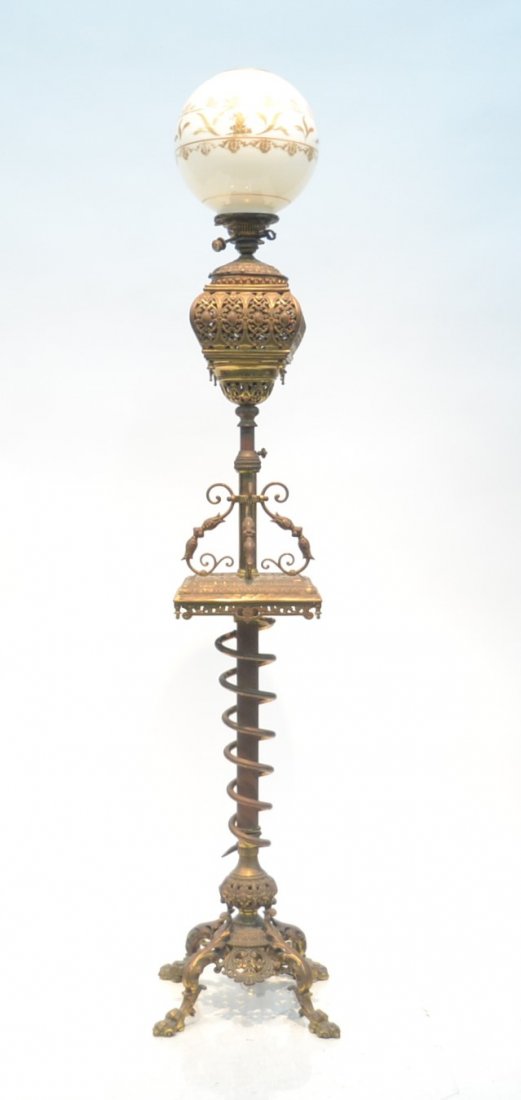 ELECTRIFED BRONZE OIL FLOOR LAMP WITH: RETICULATED FONT , DUPLEX # 2 BURNER , TWISTED BASE & PAW FEET - 13" x 13" x 64"