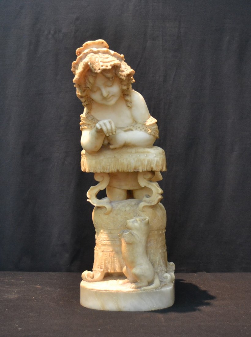 LARGE ALABASTER GIRL LEANING ON BENCH WITH CAT: (FINGERS CHIPPED & CAT MISSING PAWS) 11" x 8" x 22"